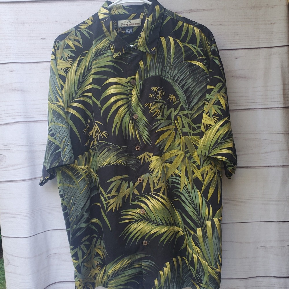 Tommy Bahama Relax Mens L 100% Silk Tropical Palm Bamboo Camp Shirt Black Green